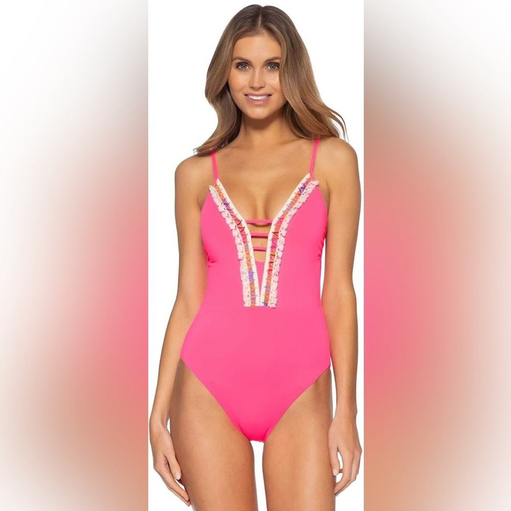 BECCA Hot Pink One-Piece Swimsuit with Trim Detail